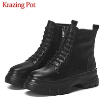 Krazing pot preto cores de couro genuíno moda à prova dwaterproof água dedo do pé redondo rendas até inverno mulher manter quente confortável tornozelo botas l37
