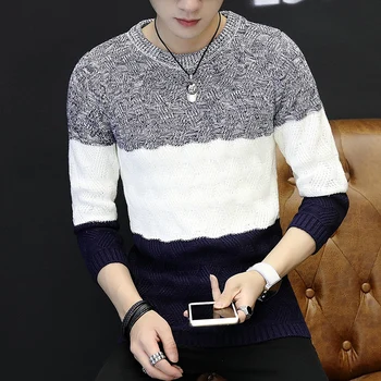 

2019 Autumn thin men's crew neck pullover, personality striped color matching slim sweater, high stretch tight bottoming sweater