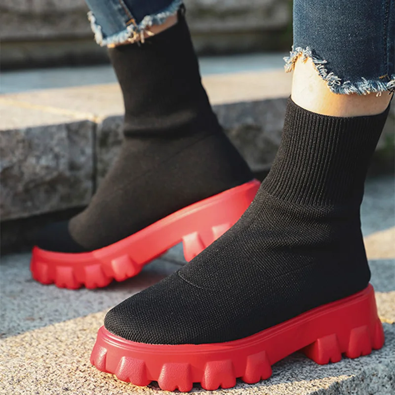 MCCKLE Women Boots Slip On Western Ankle Boots Platform Knitted Ladies Autumn Socks Boots for Women Fashion Female Booties 2021