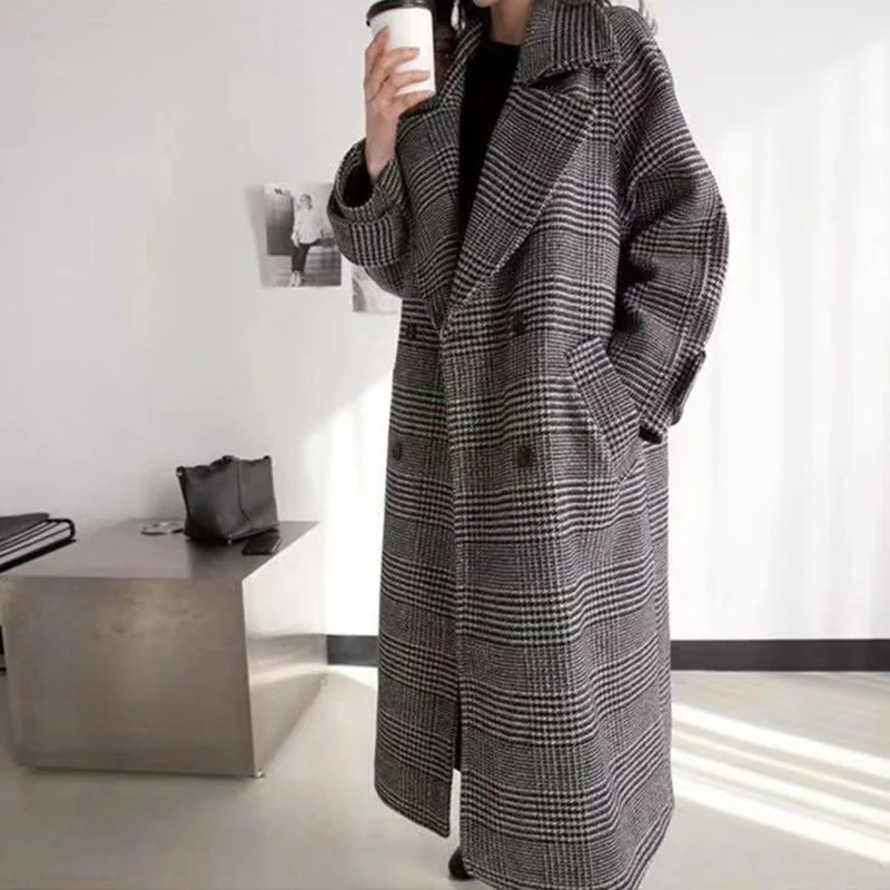 Южная Корея Dongdaemun Толстая шерстяная куртка пальто женское X-long клетчатое шерстяное пальто большой размер зима