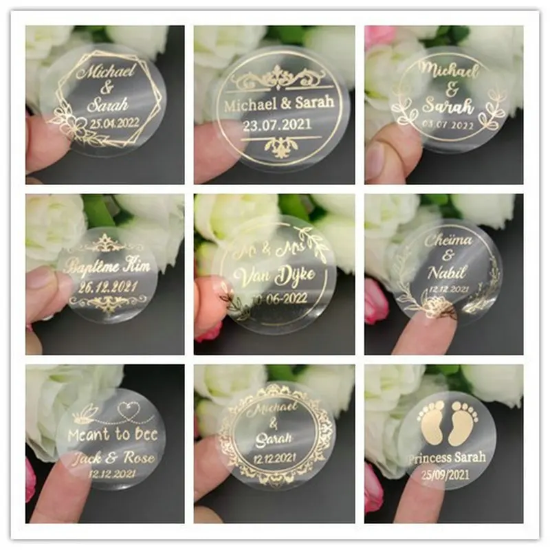 50Pcs Personalized Wedding Stickers Custom Round Gold Foil Sticker
