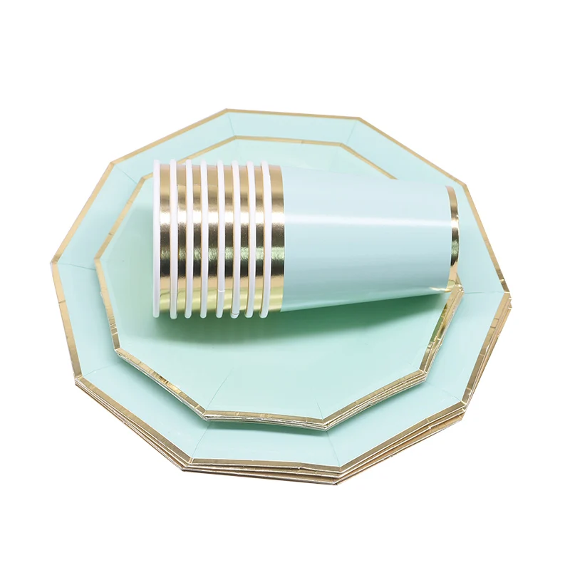 24pcs/set Green Pink Blue Paper Plates Cups Disposable Tableware Set for Wedding Birthday Party Baby Shower Supplies Gold Decor
