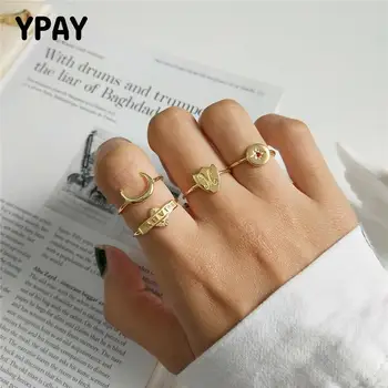 

YPAY 2019 Real 925 Sterling Silver Openwork Rings Letter Baby Moon-Star-Shield Simple Adjustable Ring for Women Jewelry YMR860