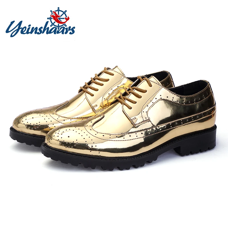 Men Formal Leather Shoes Luxury Fashion Wedding Oxford Shoes Men Brand Dress Gold Glitter Brogue Leather