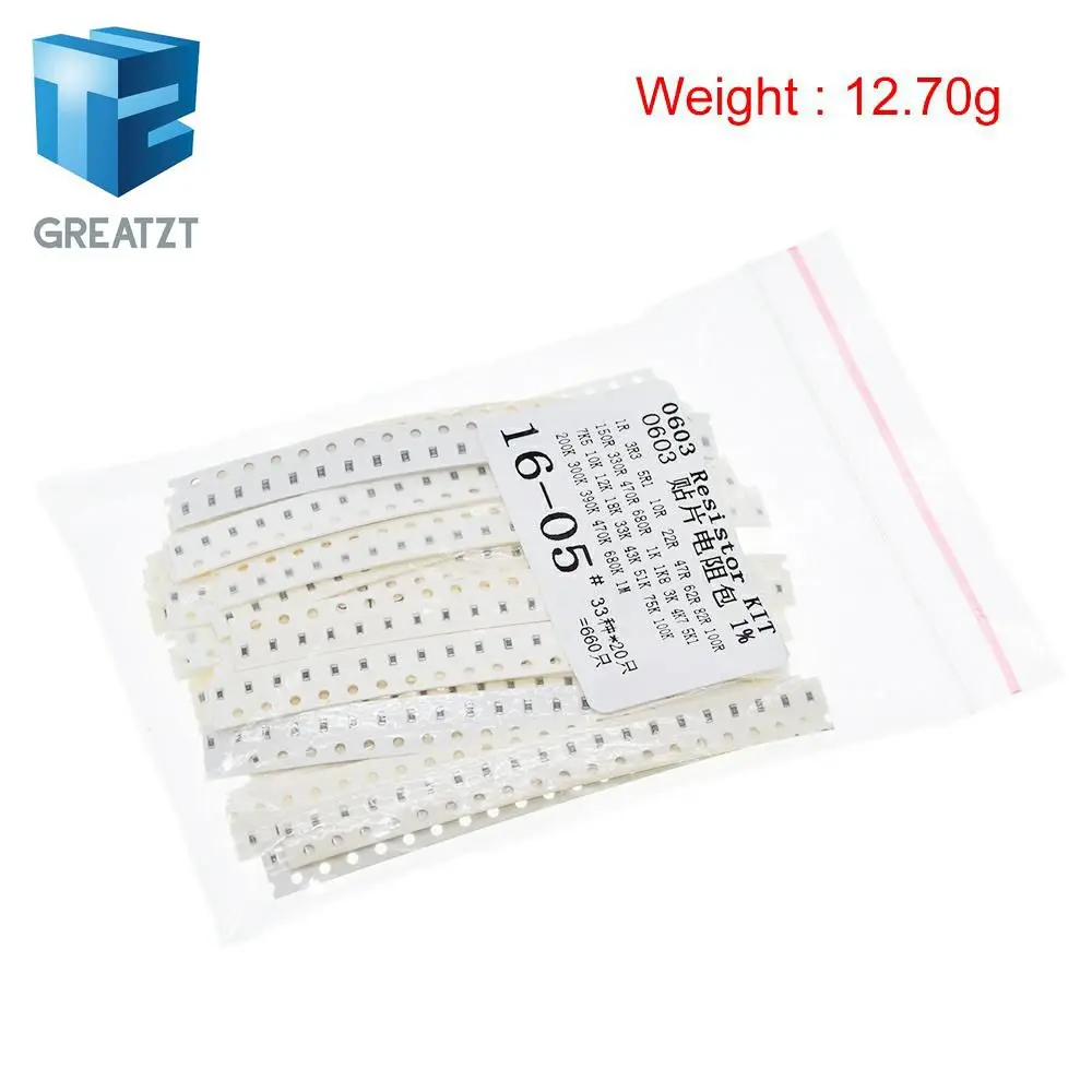 Набор резисторов GREATZT 0603 0805 1206 SMD разные комплекты 1 Ом 1М 1% 33 значения 20 шт. = 660