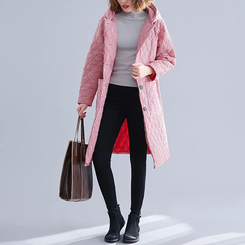 

2019 Winter New Style Large Size Dress Thick Cotton-padded Jacket Artistic Mid-length Loose Warm Coat Cotton Linen Cotton-padded