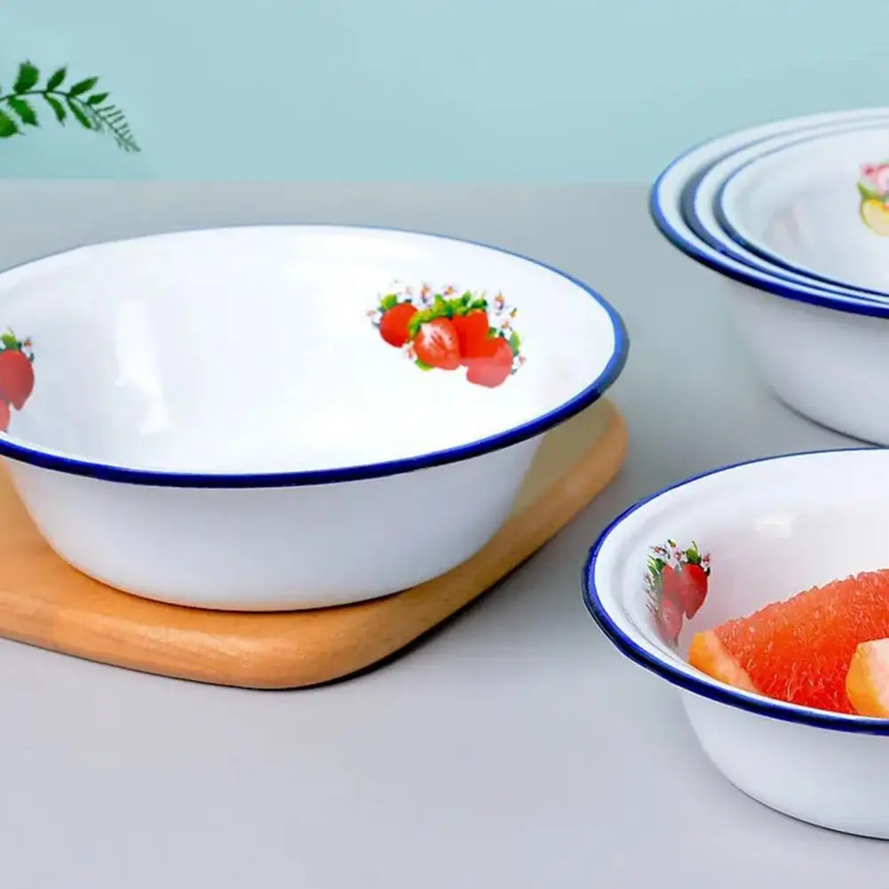 Thickened Enamel Bowl Washable Nostalgic Fruit Pattern Soup Basin for  Dinner Blue Trim Salad Pasta Rice Noodle Bowl for Home