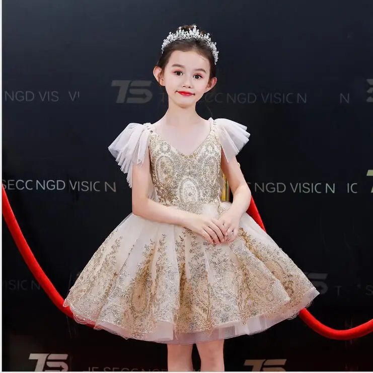 

Children's Princess Dress V-neck Wedding Dress Flower Girl Evening Dress Golden Sequins Dress Baby Girl Baptism Pageant Gown