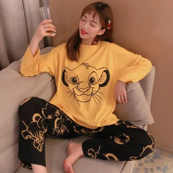 

Cotton Cartoon Printed Solid Color Long-sleeved Tops with Long Trousers Pajamas Set Female Spring and Autumn Women's Pajamas Set