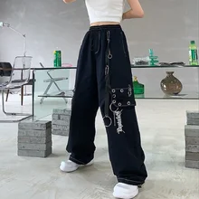 FAKUNTN Cargo Pants Gothic Harajuku Black Women Chain Wide Leg Goth Hippie Streetwear White Trousers Loose Female Baggy Fashion