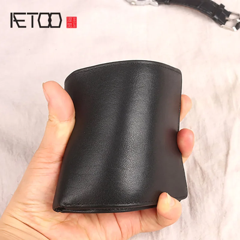 AETOO мужской кожаный бумажник, короткий кожаный ультра-тонкий молодежный кошелек, ручная работа простой горизонтальный мягкий кошелек