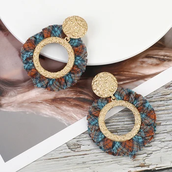 

AENSOA Trendy Vintage Fabric Round Pendant Earrings Statement Gold Color Alloy Big Circle Long Earrings for Women Cloth Jewelry