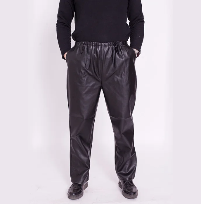 Мужские зимние брюки из искусственной кожи с начесом, штаны из искусственной кожи, плотные повседневные флисовые брюки, большие размеры XXXL, мужская одежда - Цвет: Черный