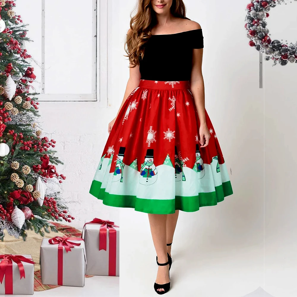 

OTEN Vintage Christmas Women High Waist Cute Skirt Snowman Snowflake Printed Ball Gown Party Y2k Skirts Kawaii юбка ретро винтаж