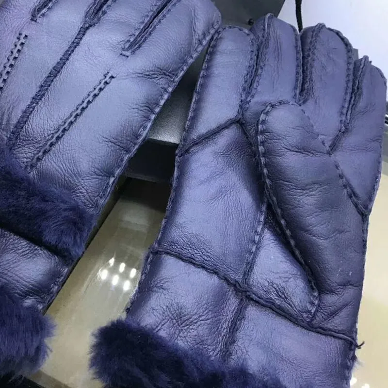 Зимние перчатки из натуральной овчины для мужчин и женщин, парные перчатки из натуральной овчины и кашемира, теплые кожаные перчатки на весь палец - Цвет: Dark Blue