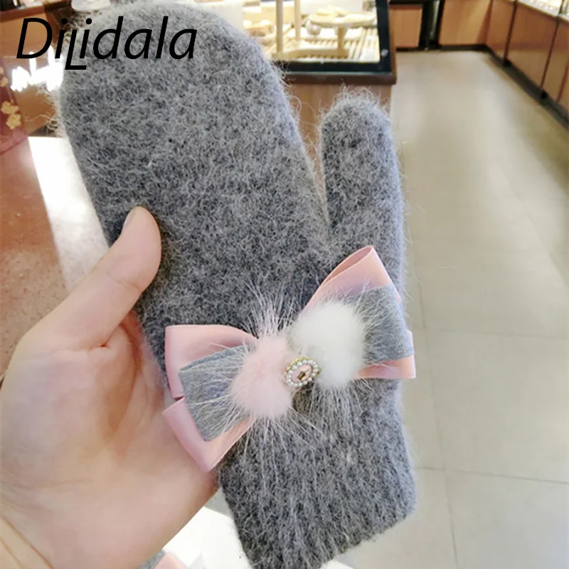 Dilidala, женские перчатки с розовыми бантиками, теплые кремовые двухцветные перчатки с лентами, зимние перчатки высокого качества, модные зимние перчатки для студентов