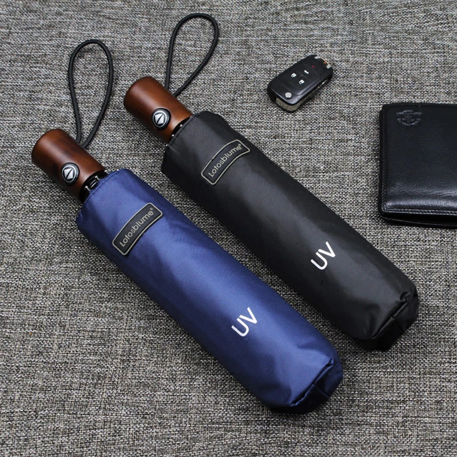 Luxury Wood Handle Male Man Business Windproof Umbrella Automatic 3 Folding UV Protection Anti Sun Umbrella Rain Women Black