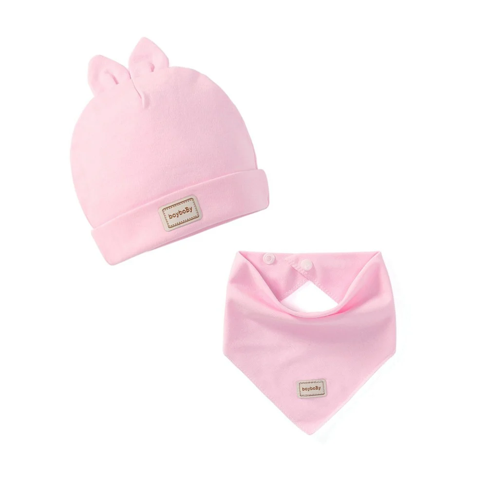 Pink Rabbit Set Милая детская шапка с нагрудником, яркие однотонные детские шапочки для мальчиков и девочек, хлопковые шапочки для новорожденных, нагрудники, шапочки для младенцев, малышей - Цвет: Pink Rabbit Set