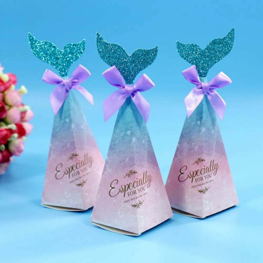 10pcs lot Mermaid Candy Boxes Colorful Mermaid Tail Bow Knot Gifts Box Kids Favors Wedding Theme