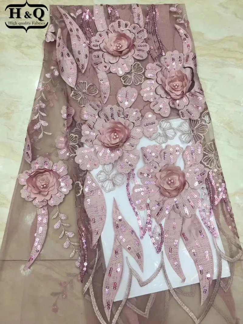

Bridesmaid Long Dress 2019 African Net Lace With Sequins Mesh Beaded Lace 3D Applique Tulle Lace Nigerian Flower Lace Fabric