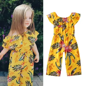 

Kid Baby Girl Rompers Spring Summer Clothes Ruffle Short Sleeve Romper Jumpsuit Wide Pants Outfit 2-6Years