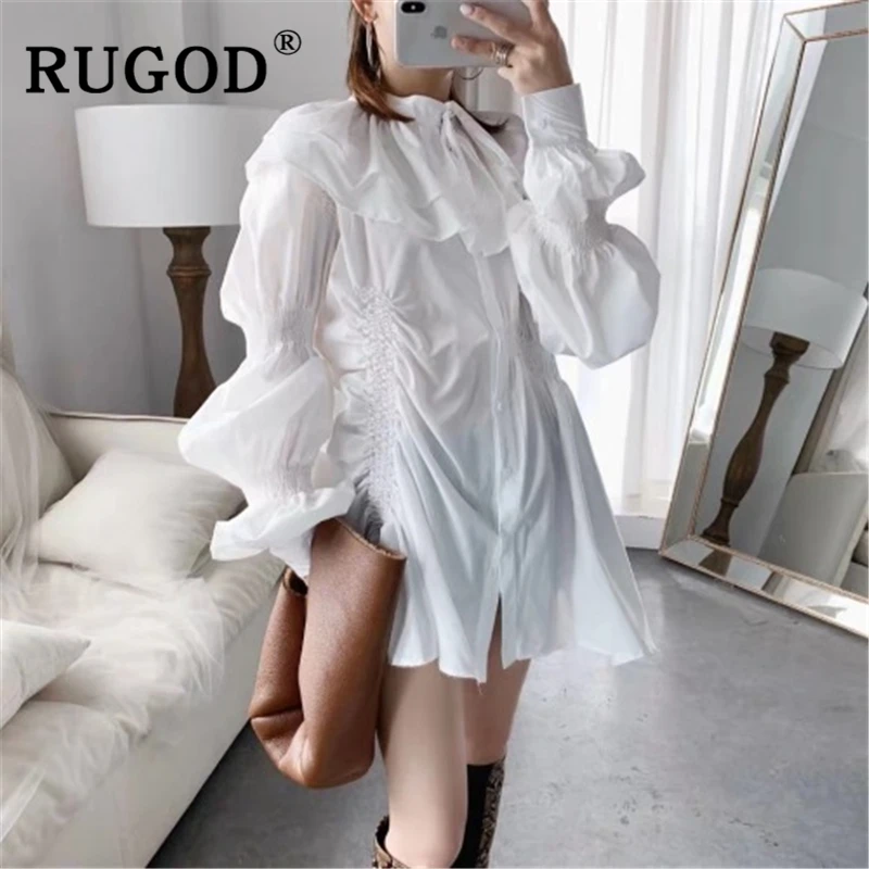 

RUGOD Korean chic solid women dress elegant ruffles lantern sleeve irregular loose shirts dress female Casual auturm white dress