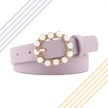 

Inlaid Pearl Simple Designer's Famous Brand Belt Leather High Quality Belt Pearl Ring Circle Buckle Girl Jeans Dress Wild Belts