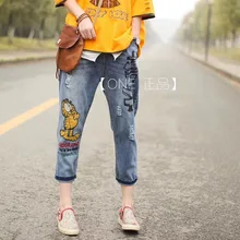 Новые джинсы женские s мыть вышивка рваные джинсовые брюки женская мода молния с эластичной резинкой на поясе ковбойские шаровары большие размеры