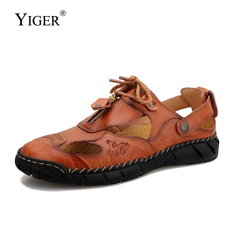 

YIGER Men sandals casual shoes male plus size summer man leisure sandals genuine cow leather Retro handmade male sandals 2020