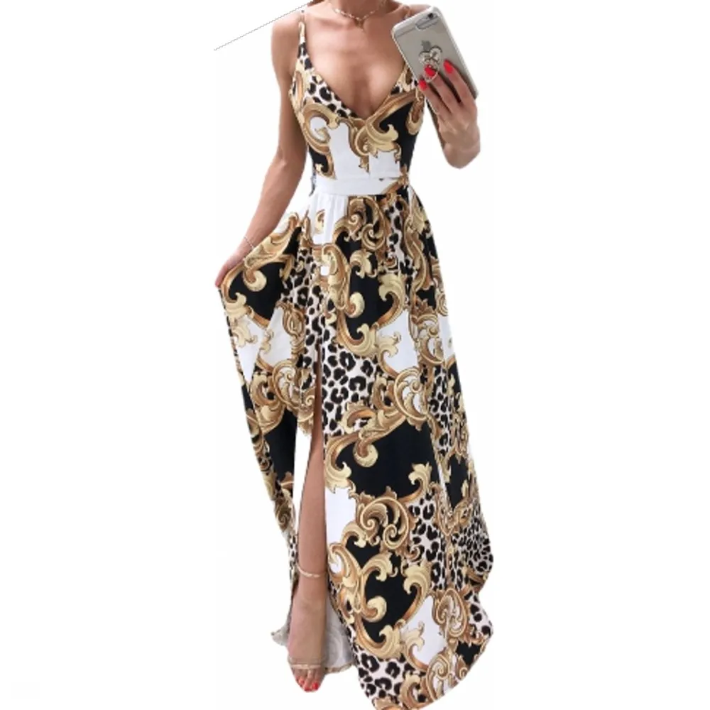 Sexy Halter Dress Leopard Print Dashiki Deep V Neck Slit Long Evening Dress New Summer Fashion Elegant Party Bohemia Vestidos