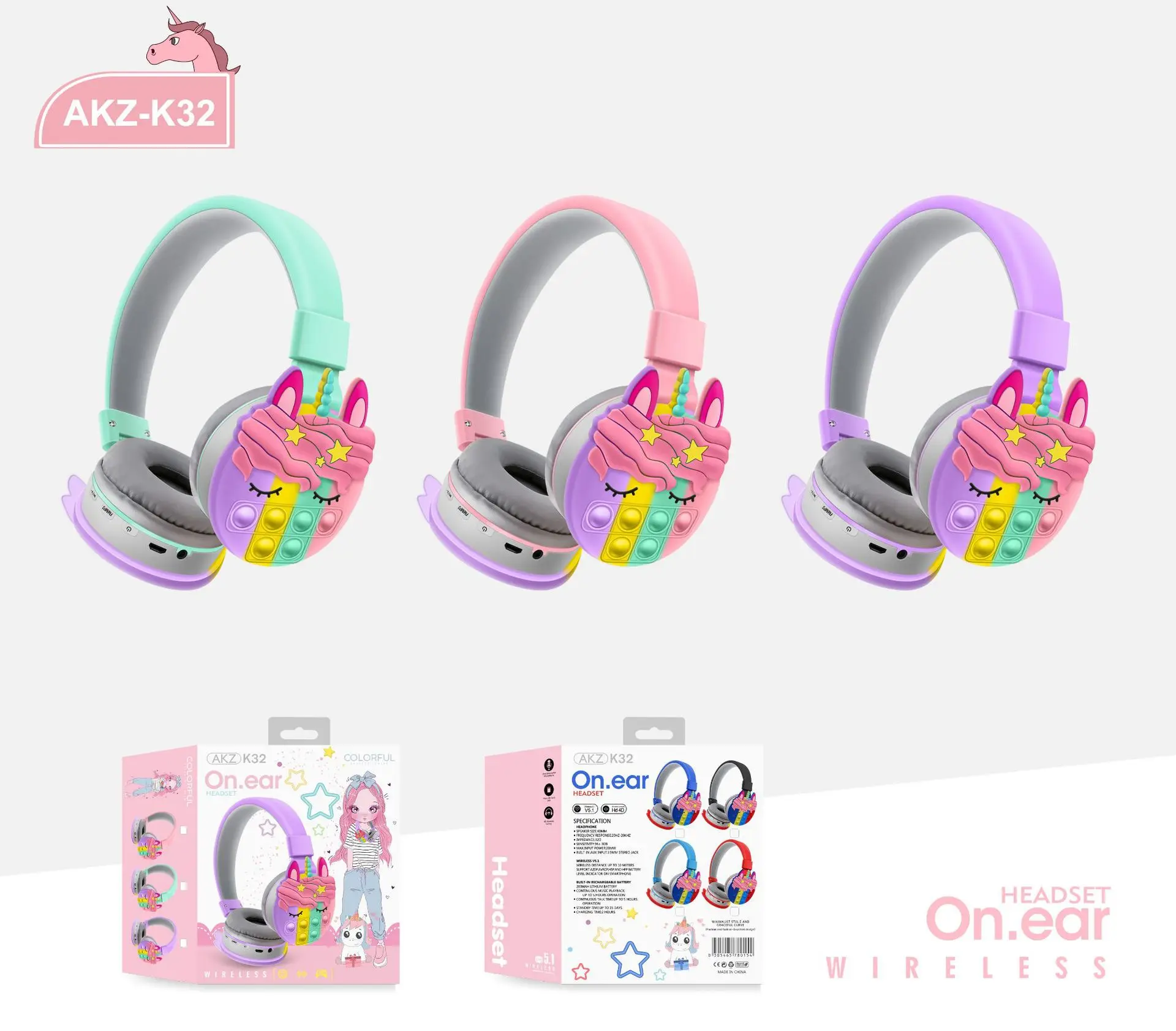 Wireless bluetooth unicorn headphones children's cartoon decompression earmuffs rainbow stereo headset Christmas gift SS-BH150
