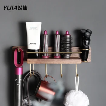 

Wall Mounted Bathroom Black walnut Hair Dryer Holder Hair Holder wood Storage Bathroom Shelf organizer