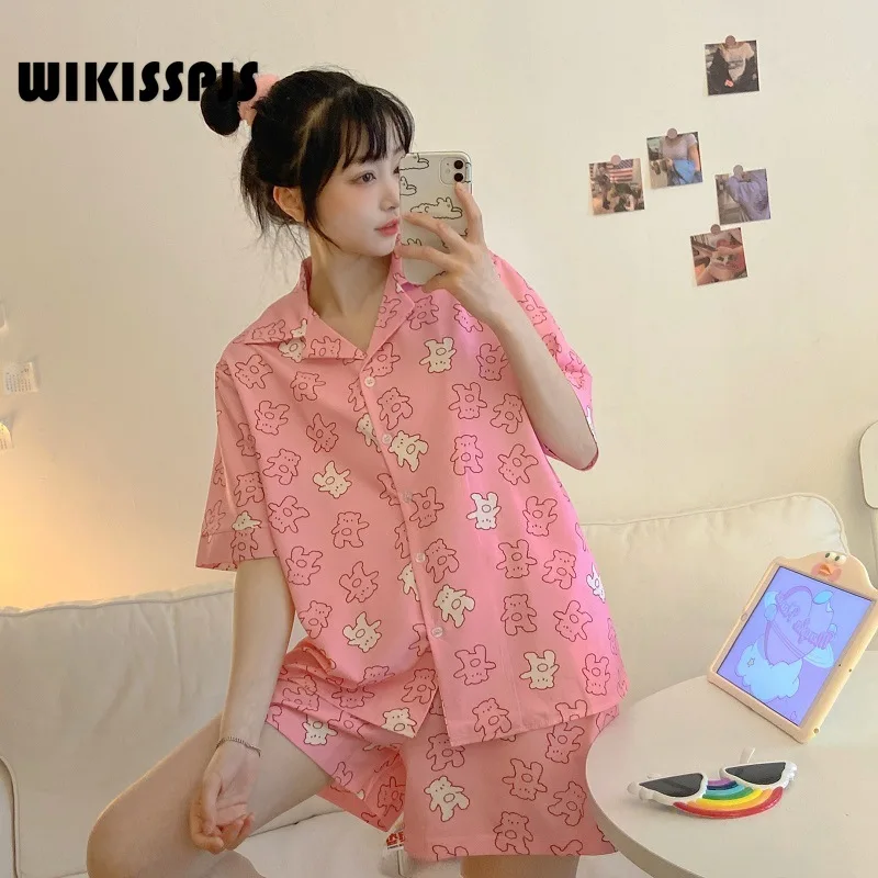 

WIKISSPJS 2022 New Korean Cartoon Short Sleeve Shorts Bear Manyin Pajamas Women's Suit Two Piece Set Summer Loungewear