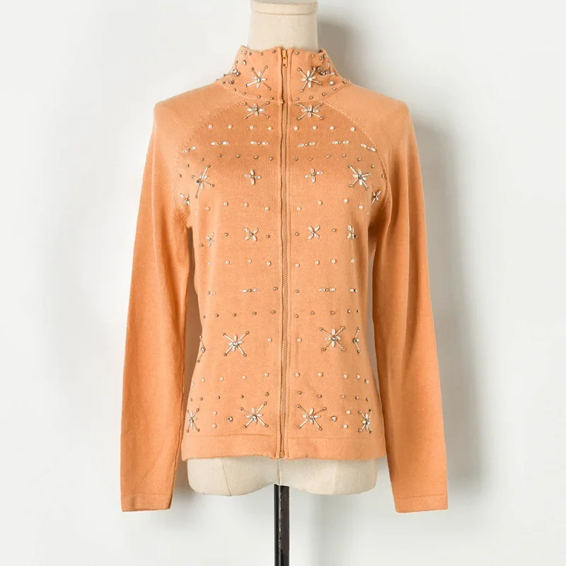 

New Women 2019 Autumn Coat Cardigan Blue Luxury Hand Beading Zipper Casual Sweaters High Quality Womens Stand Knitted Cardigans