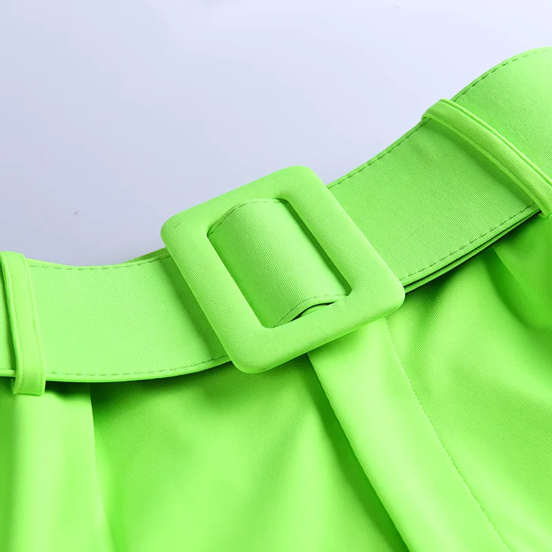 OSLLENLLA High Street Neon green прямые брюки женские с поясом Сигаретные Брюки с высокой талией женские блестящие зеленые брюки женские Стрейчевые