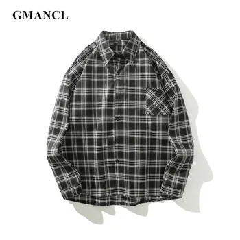 

2019 Autumn Men Harajuku Front Pocket Loose Plaid Shirts Oversized Streetwear Hip Hop Long Sleeve Casual Camisa Masculina