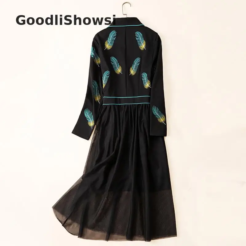GoodliShowsi, пляжный стиль, женское элегантное платье, вышивка перьями, зубчатые лацканы, длинный рукав, пэтчворк, сетка, миди платье