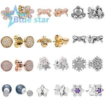 

Bule Star 100% 925 Sterling Silver pandoras Dazzling Droplets Blooms Stud Earrings with Mixed Enamel