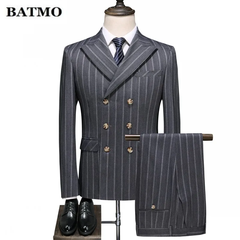 

Batmo 2019 new arrival High quality men's wedding dress blazer,Vertical stripe double-breasted suit men,Business suit,size S-5XL