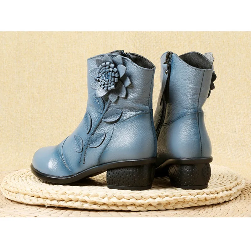 Women Ankle Boots Flower Women's Boots Woman Genuine Leather Ladies Fashion Zip Autumn Winter Comfort Female Shoes Woman