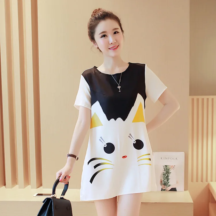 

Maternity Clothes 2019 Summer New Style Fashion Cartoon Printed Short Sleeve Cat Mid-length Pregnant Women Dress