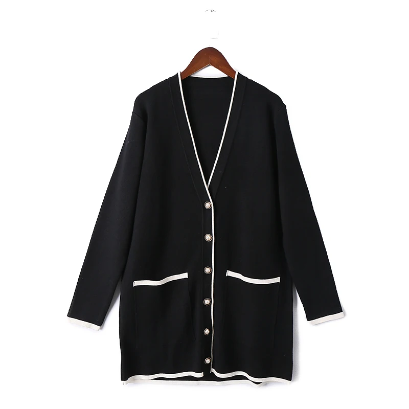 AOEMQ модный длинный кардиган, пальто, осенняя садовая верхняя одежда, пальто с v-образным вырезом, широкий кардиган, пальто с большими карманами, женская одежда - Цвет: black