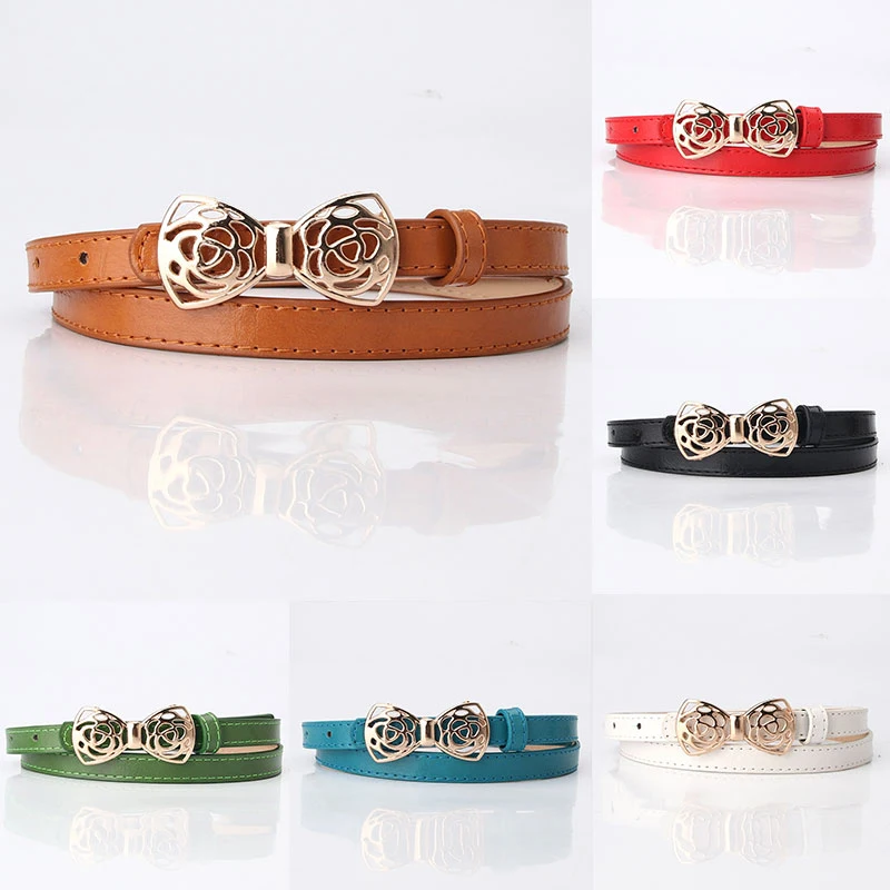 

Fashion Decorative Belt Skinny Thin Leather Waist Strap Belt Women Solid Color Sweet Bowknot Buckle PU Leather Waistband