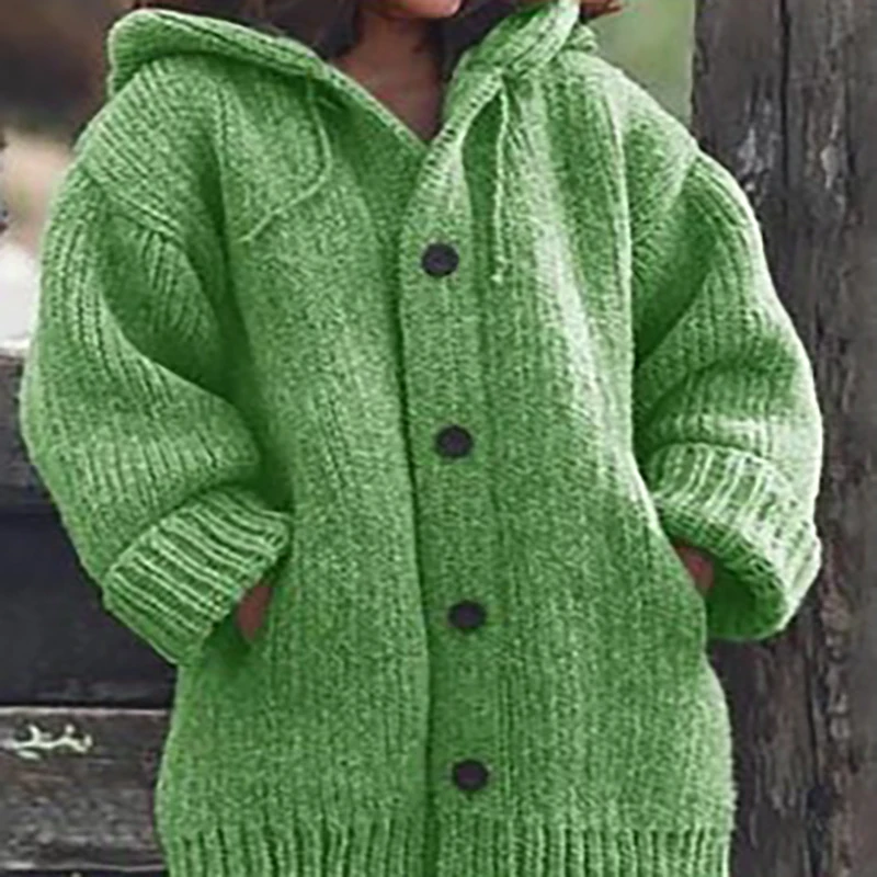 

Fashion Solid Color Loose Autumn and Winter Warm Sweater Coat Long-Sleeved Knitted Midi Hoodie plus Size Women's