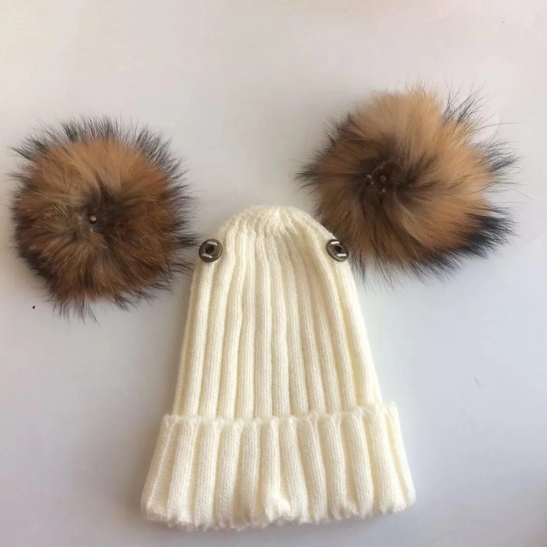 Детская зимняя шапка из натурального меха для маленьких детей, Шапка-бини с 2 двумя помпонами, забавная шапка для мальчиков и девочек
