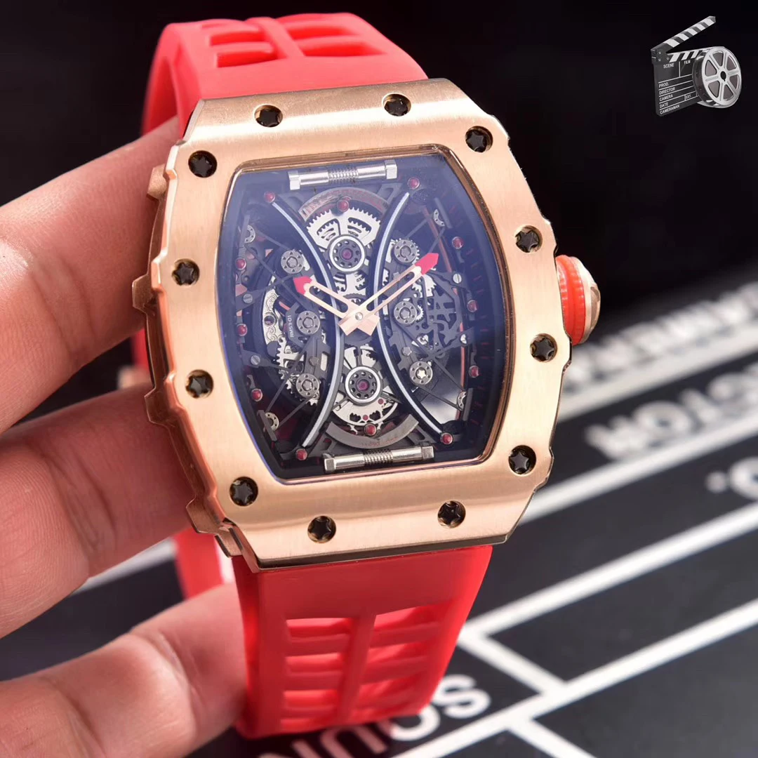 

Luxury Brand New Black Rubber Men Watch Sapphire Automatic Mechanical Rose Gold Red Blue Tourbillion No Date Sport Fiber AAA+