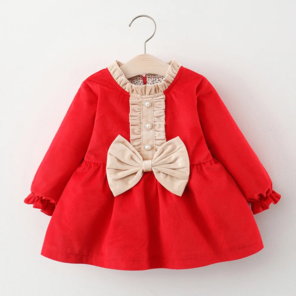 Christmas Dress For Toddler Girl Long Sleeve Solid Color Bow Autumn