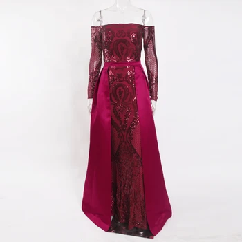 

Burgundy Long Sleeved Slash Neck Evening Party Dress Ball Gown Off the Shoulder