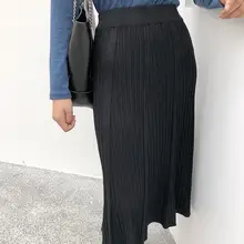 Трикотажные плиссированные юбки, эластичные длинные юбки с высокой талией, женские офисные элегантные юбки в стиле ампир, осенняя корейская мода, уличная одежда