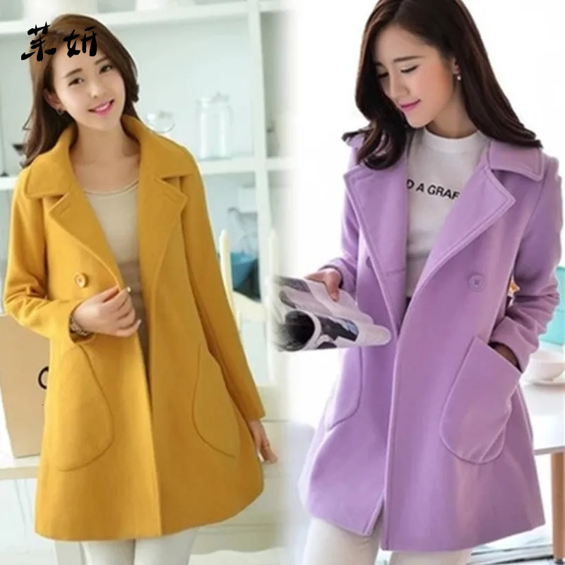 

Women Autumn Coat Double Breasted Wool Peacoat Turn-down Collar Female Jacket AIC88
